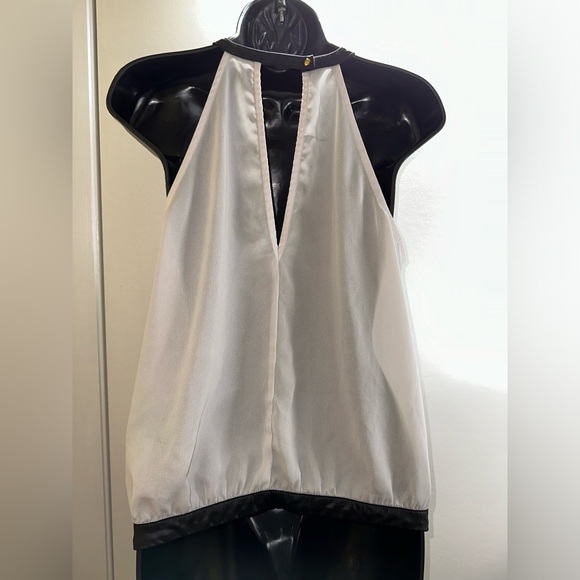 BEBE | Small Sleeveless Wrap Style Blouse with Keyhole Faux Leather Halter Neck - Picture 2 of 15